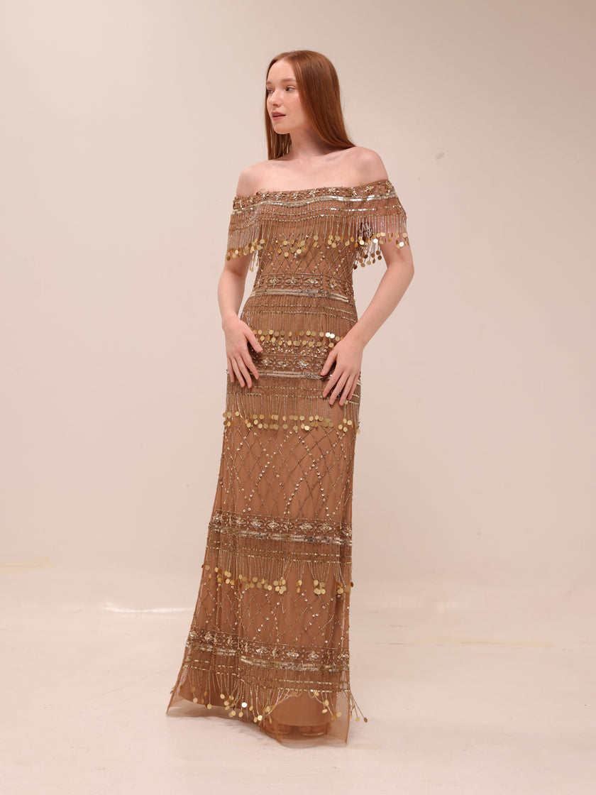 Gold Fringe Beaded Gown Gatzby