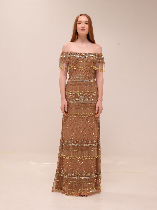 Gold Fringe Beaded Gown Gatzby