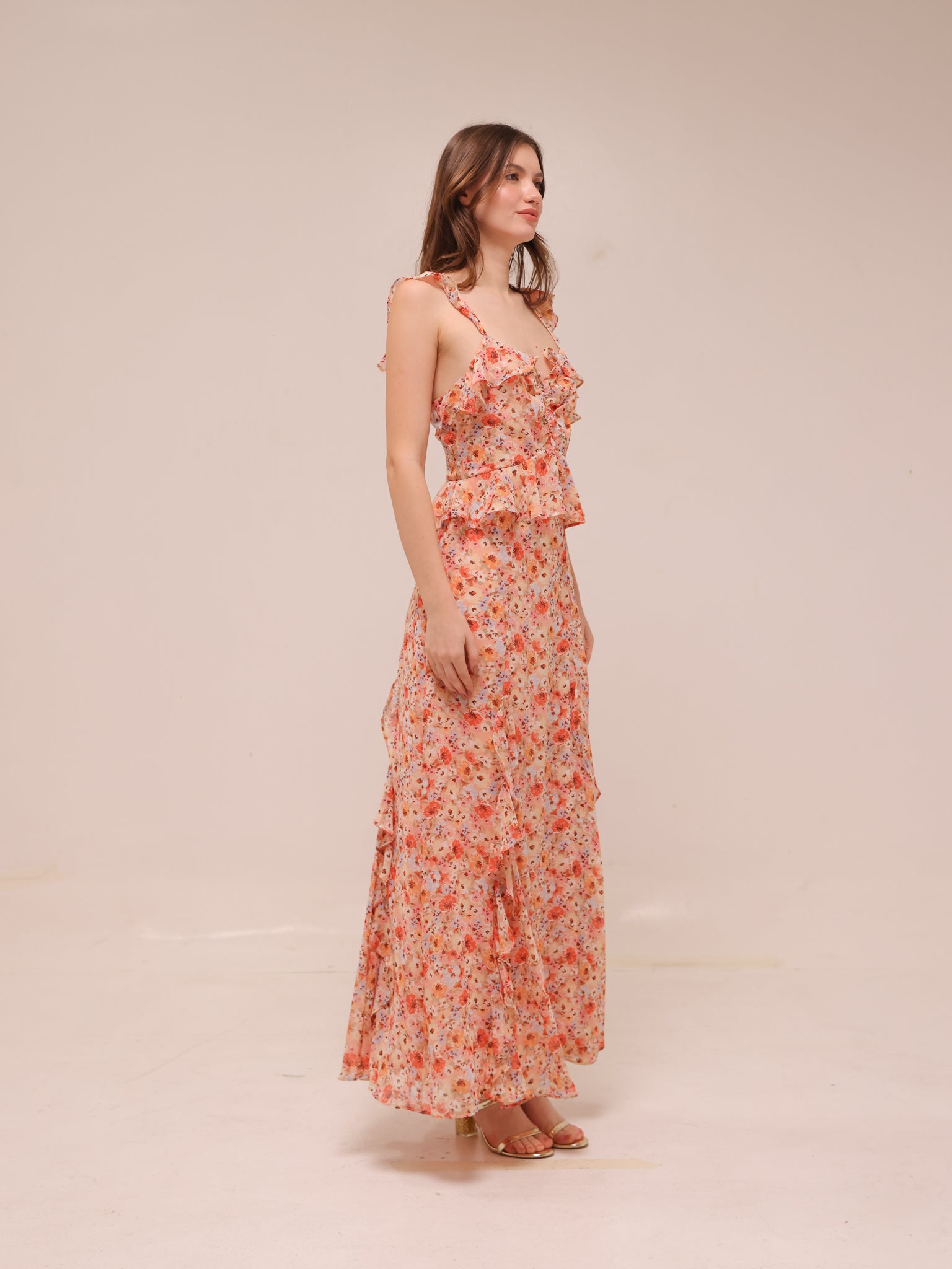 Aqua Floral Ruffle Trim Maxi Dress