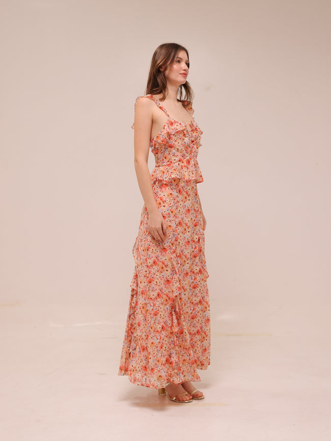 Aqua Floral Ruffle Trim Maxi Dress