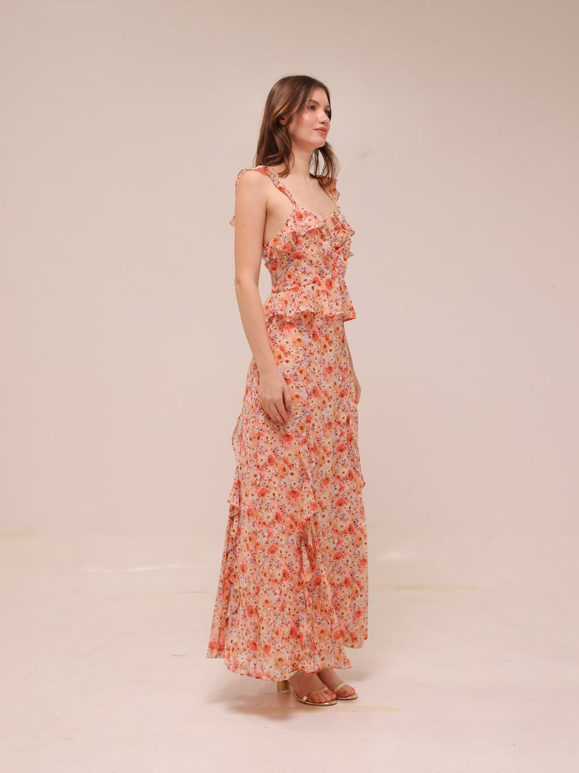 Aqua Floral Ruffle Trim Maxi Dress