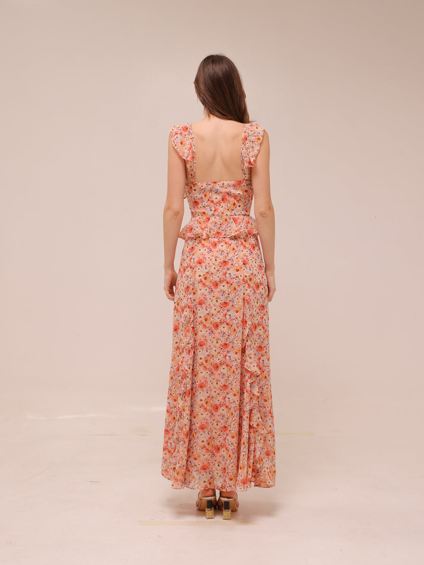Aqua Floral Ruffle Trim Maxi Dress