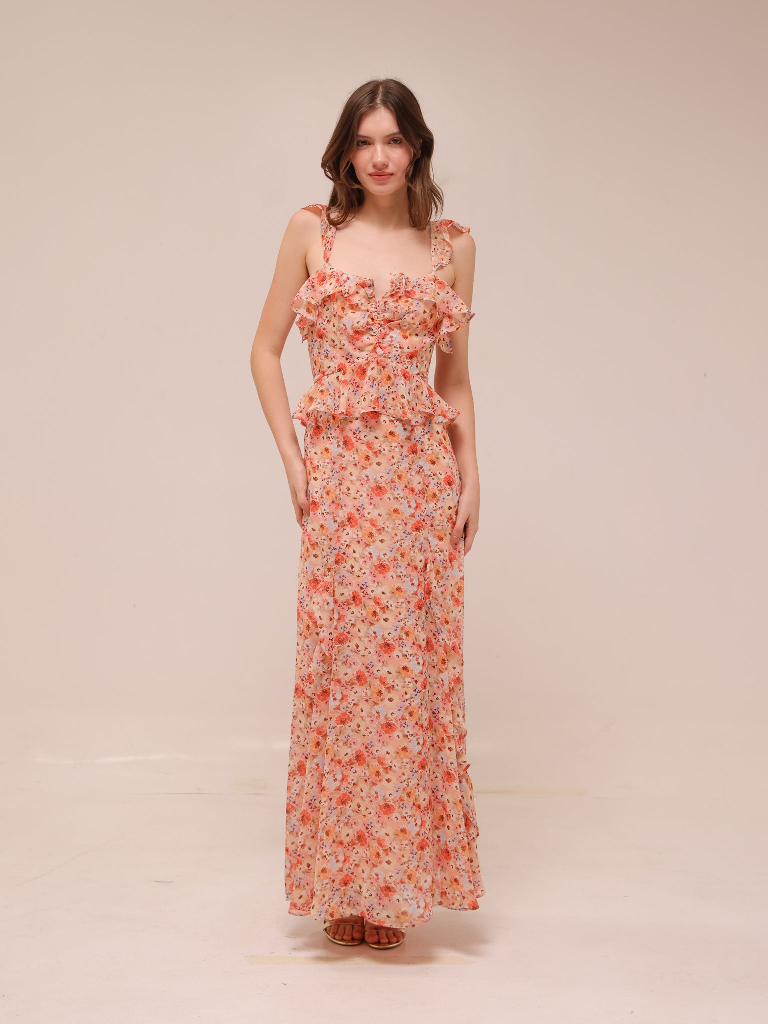Aqua Floral Ruffle Trim Maxi Dress