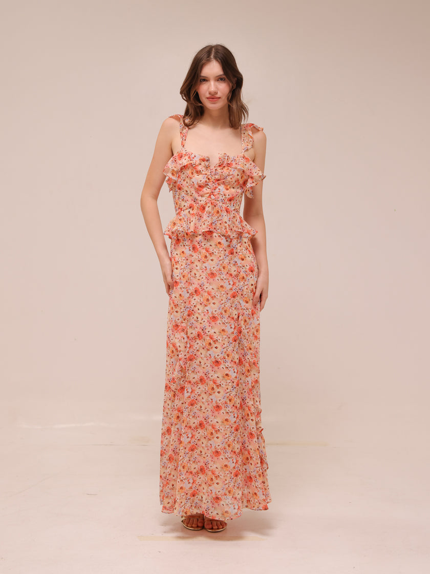 Aqua Floral Ruffle Trim Maxi Dress