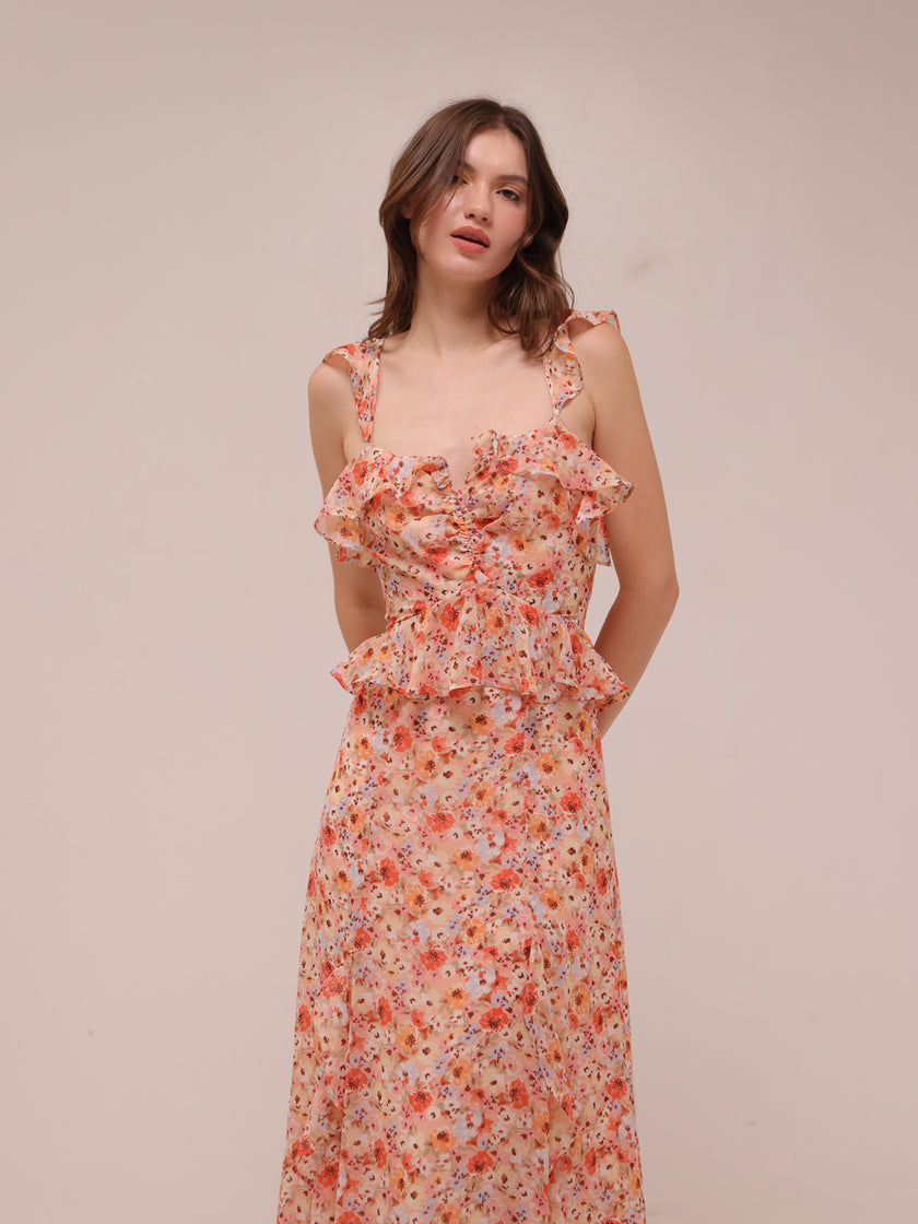 Aqua Floral Ruffle Trim Maxi Dress