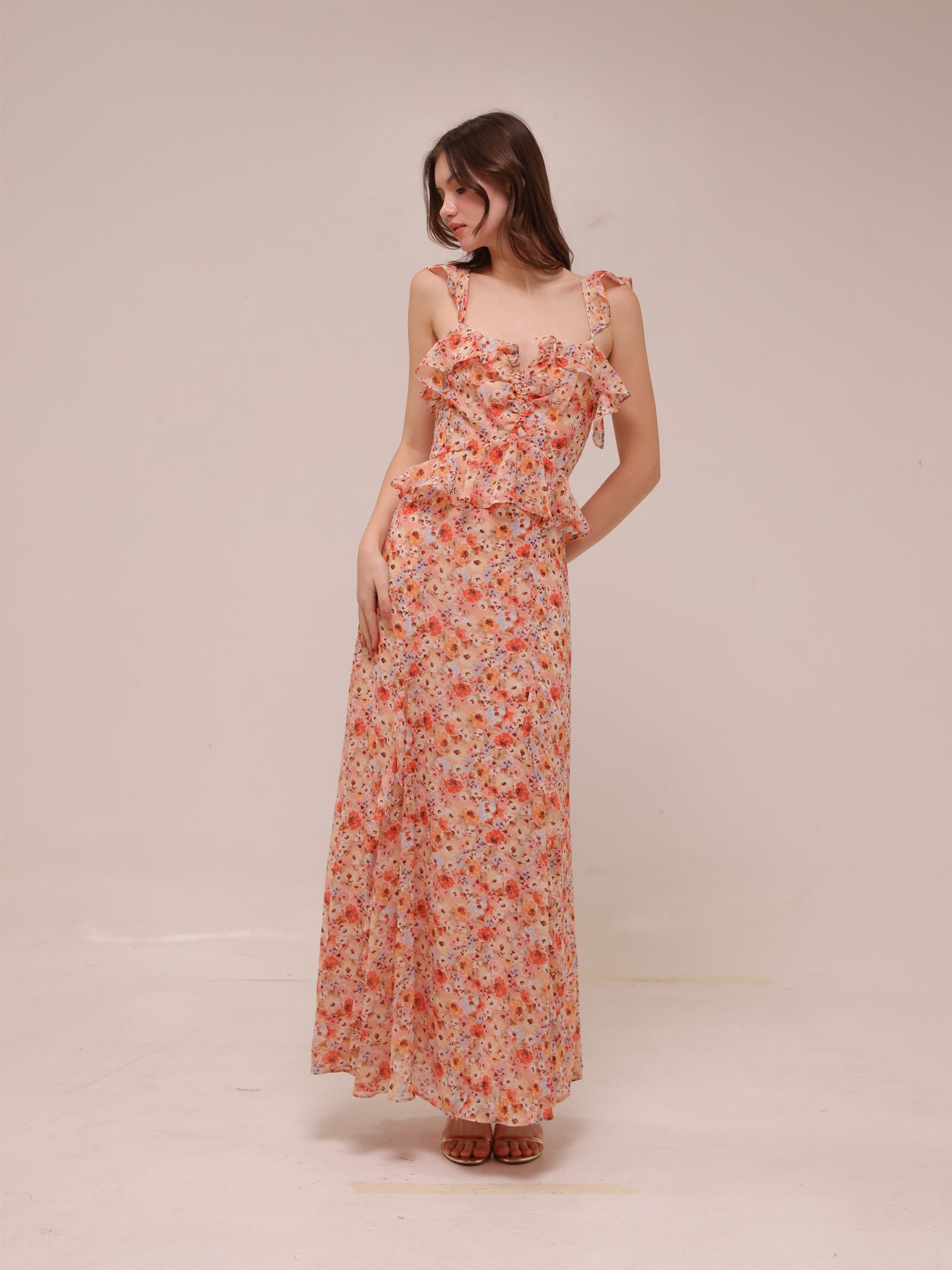 Aqua Floral Ruffle Trim Maxi Dress