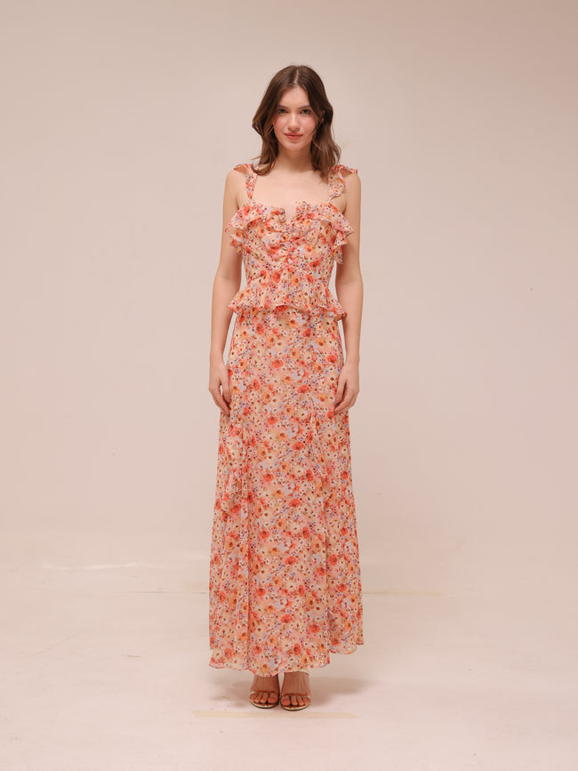 Aqua Floral Ruffle Trim Maxi Dress