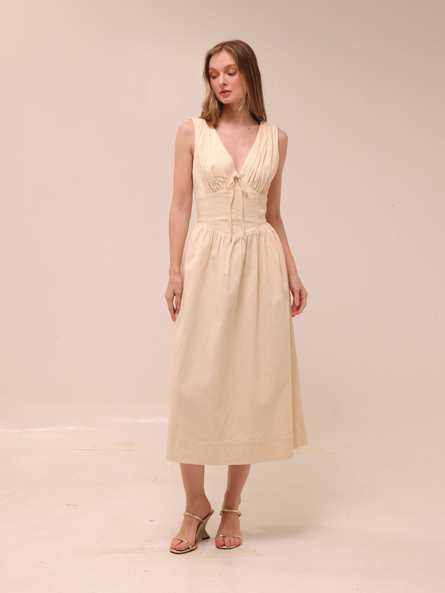 Vanita Beige Denim Midi Dress