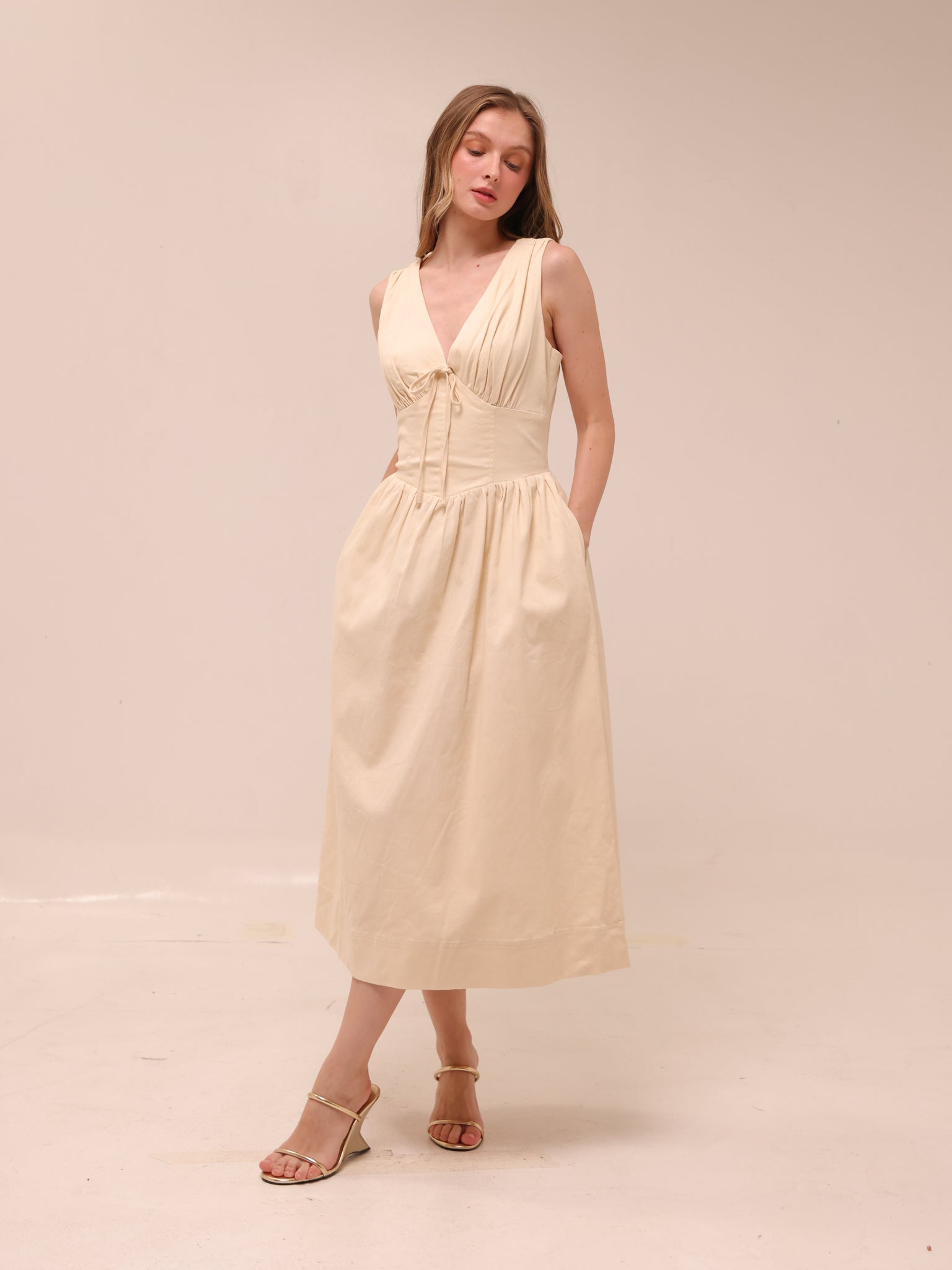 Vanita Beige Denim Midi Dress