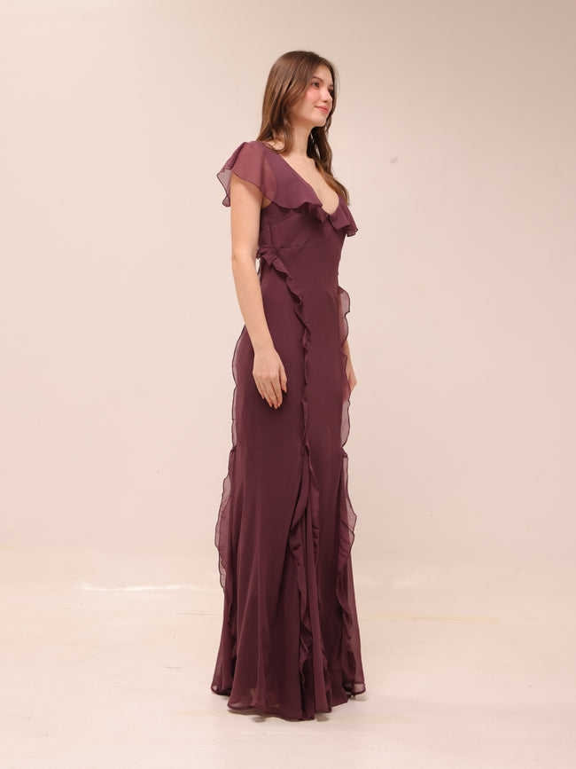 Flutter Sleeve Ruffle Godet Maxi Dress