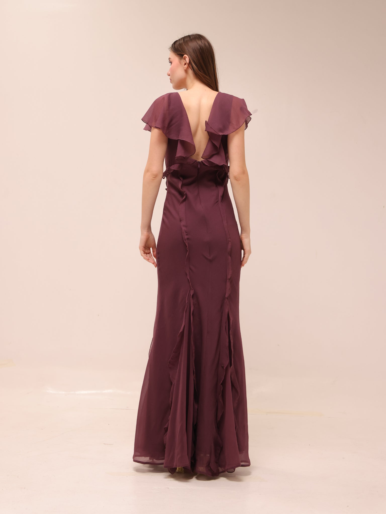 Flutter Sleeve Ruffle Godet Maxi Dress