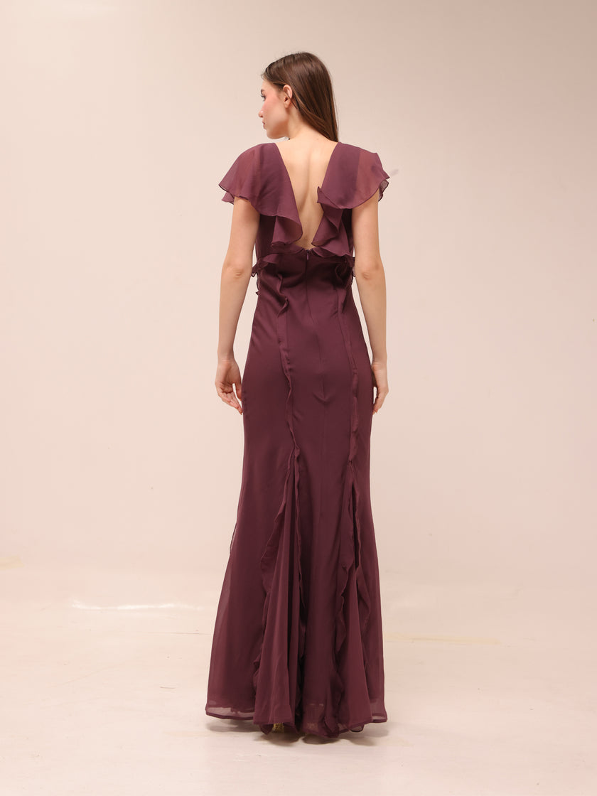 Flutter Sleeve Ruffle Godet Maxi Dress