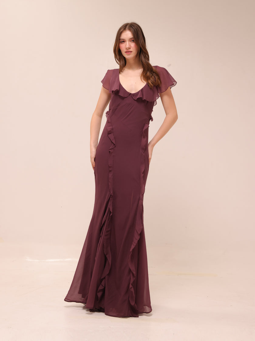 Flutter Sleeve Ruffle Godet Maxi Dress