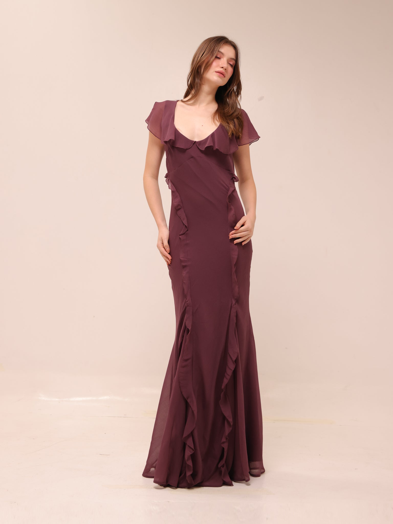 Flutter Sleeve Ruffle Godet Maxi Dress