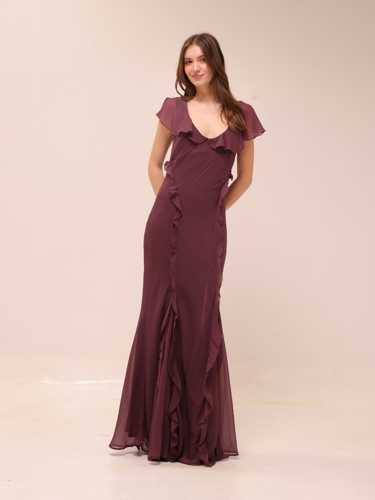 Flutter Sleeve Ruffle Godet Maxi Dress
