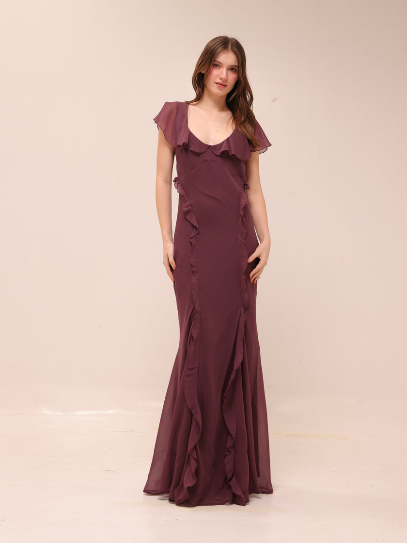 Flutter Sleeve Ruffle Godet Maxi Dress
