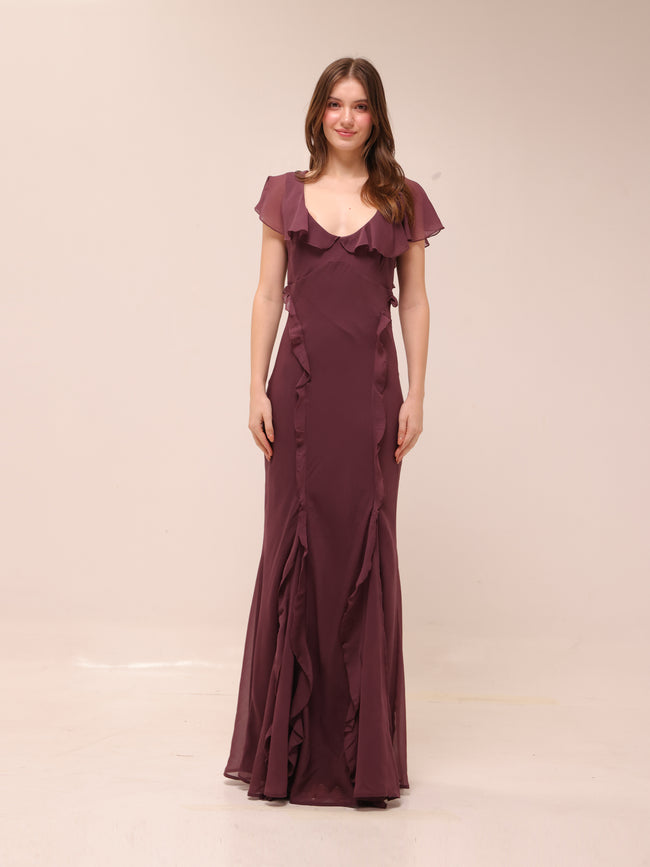 Flutter Sleeve Ruffle Godet Maxi Dress