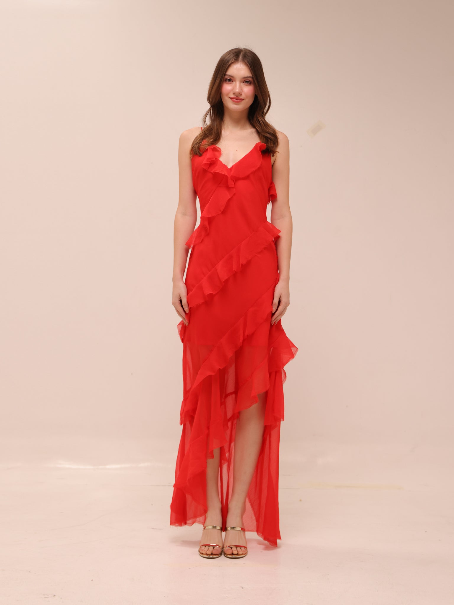 Tiered Ruffle Cami Slip Maxi Dress in Red