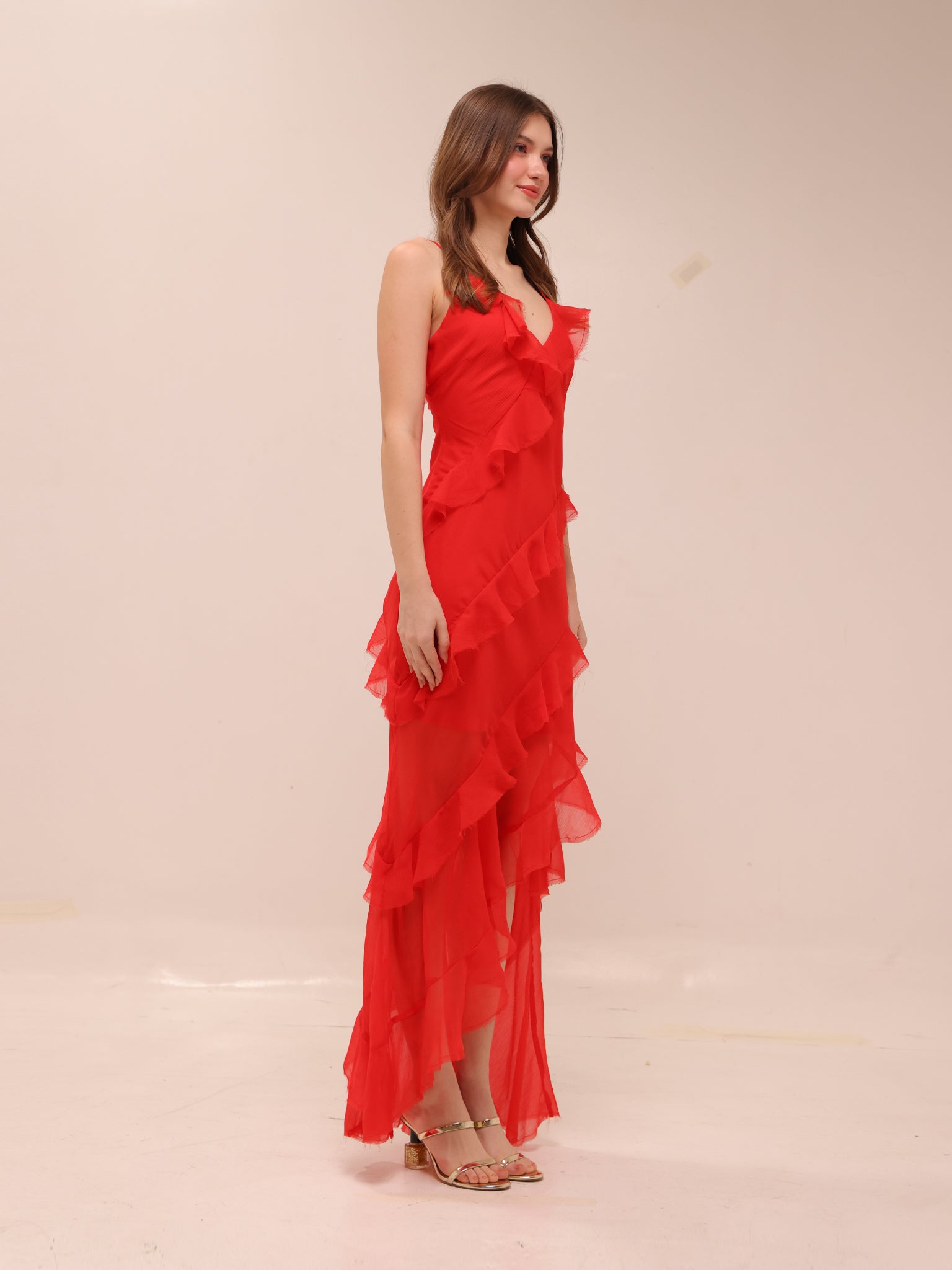 Tiered Ruffle Cami Slip Maxi Dress in Red