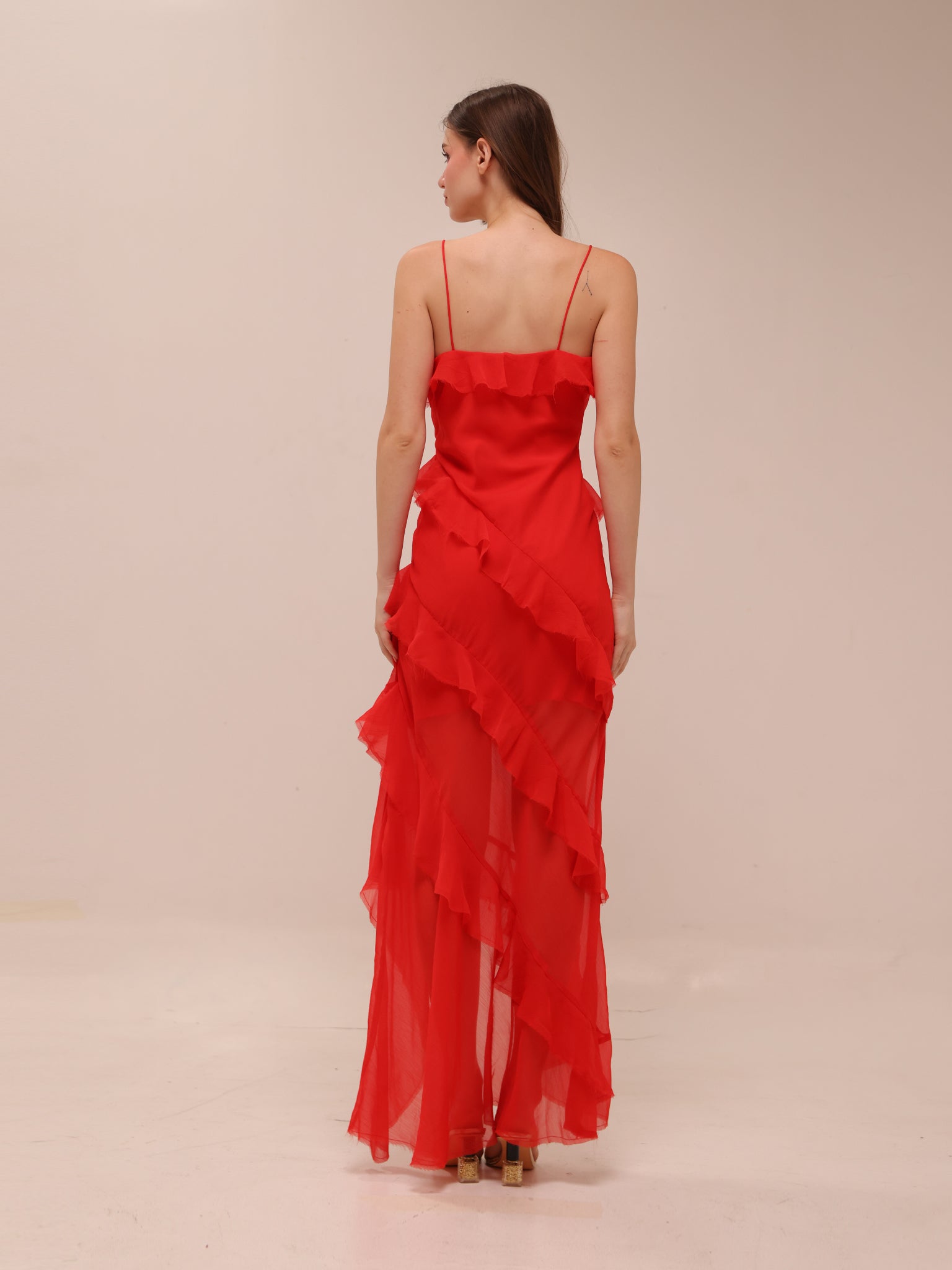 Tiered Ruffle Cami Slip Maxi Dress in Red