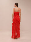 Tiered Ruffle Cami Slip Maxi Dress in Red