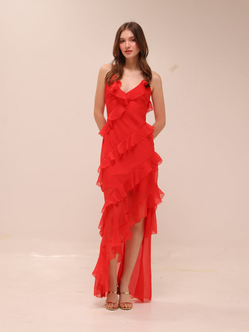 Tiered Ruffle Cami Slip Maxi Dress in Red