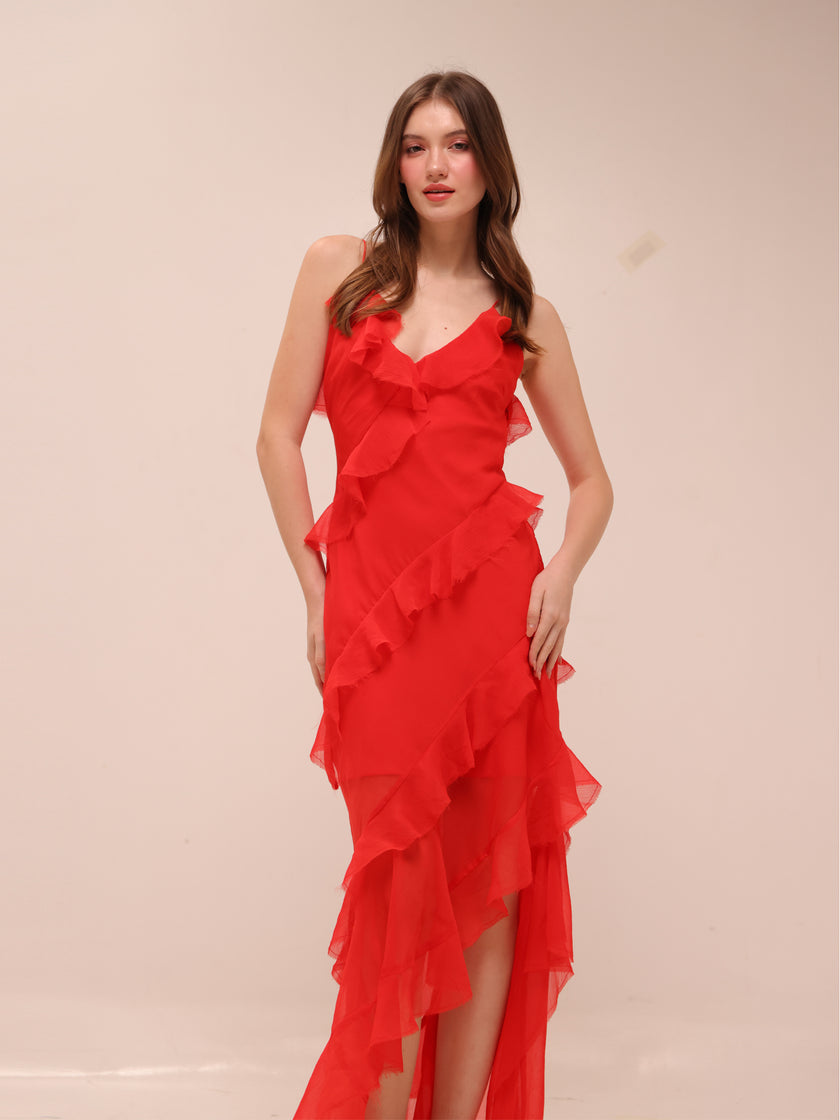 Tiered Ruffle Cami Slip Maxi Dress in Red