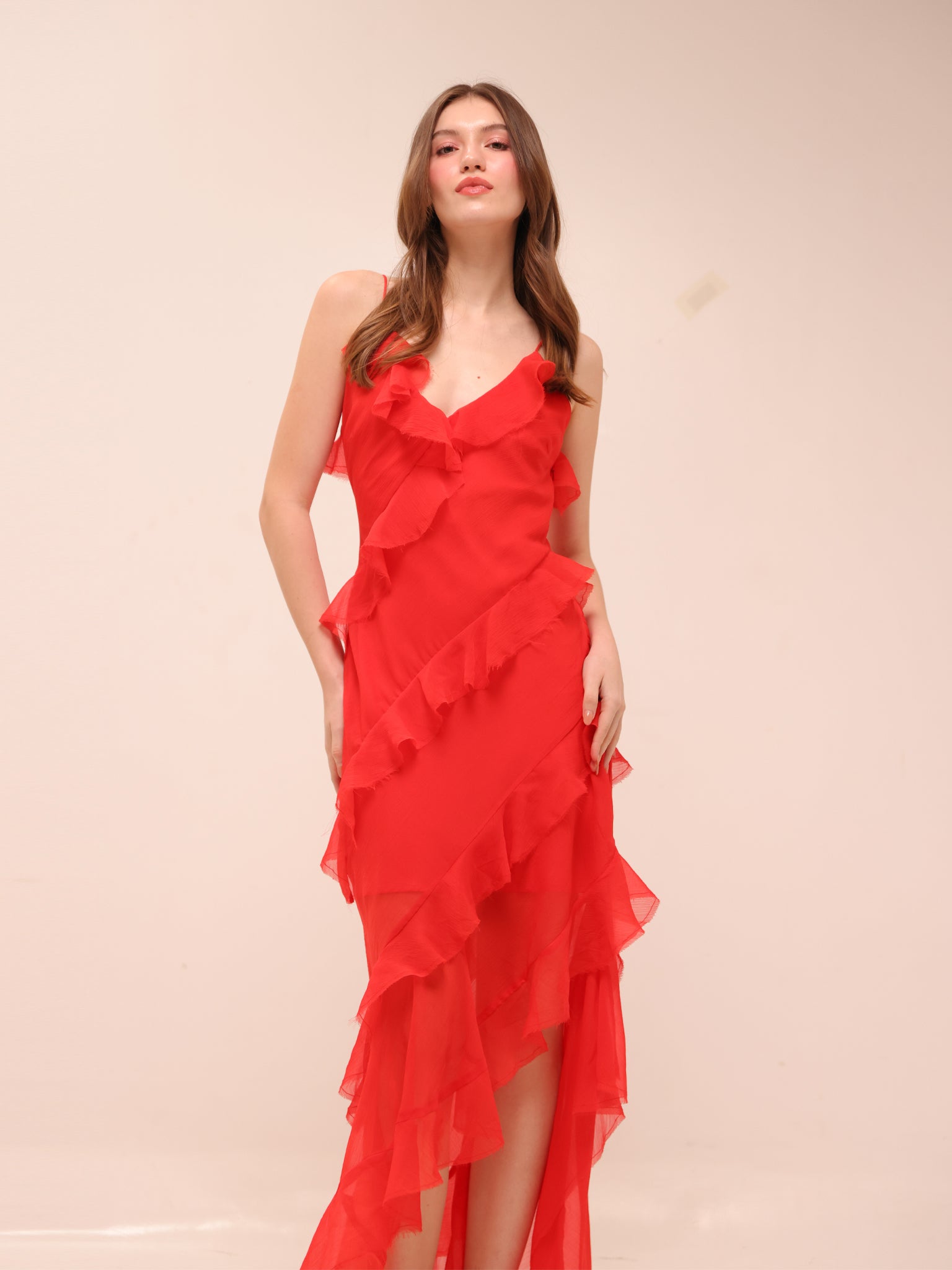 Tiered Ruffle Cami Slip Maxi Dress in Red