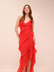 Tiered Ruffle Cami Slip Maxi Dress in Red