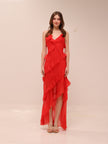 Tiered Ruffle Cami Slip Maxi Dress in Red