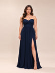 Pleat Detail Strapless Chiffon A-Line Gown
