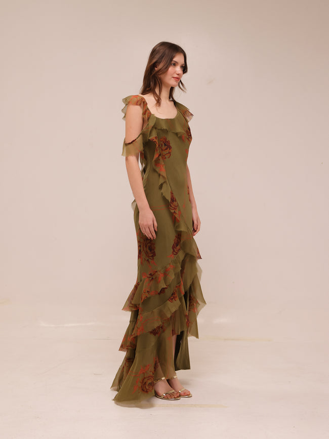 Asymmetric Shoulder Bias Cut Maxi Dress