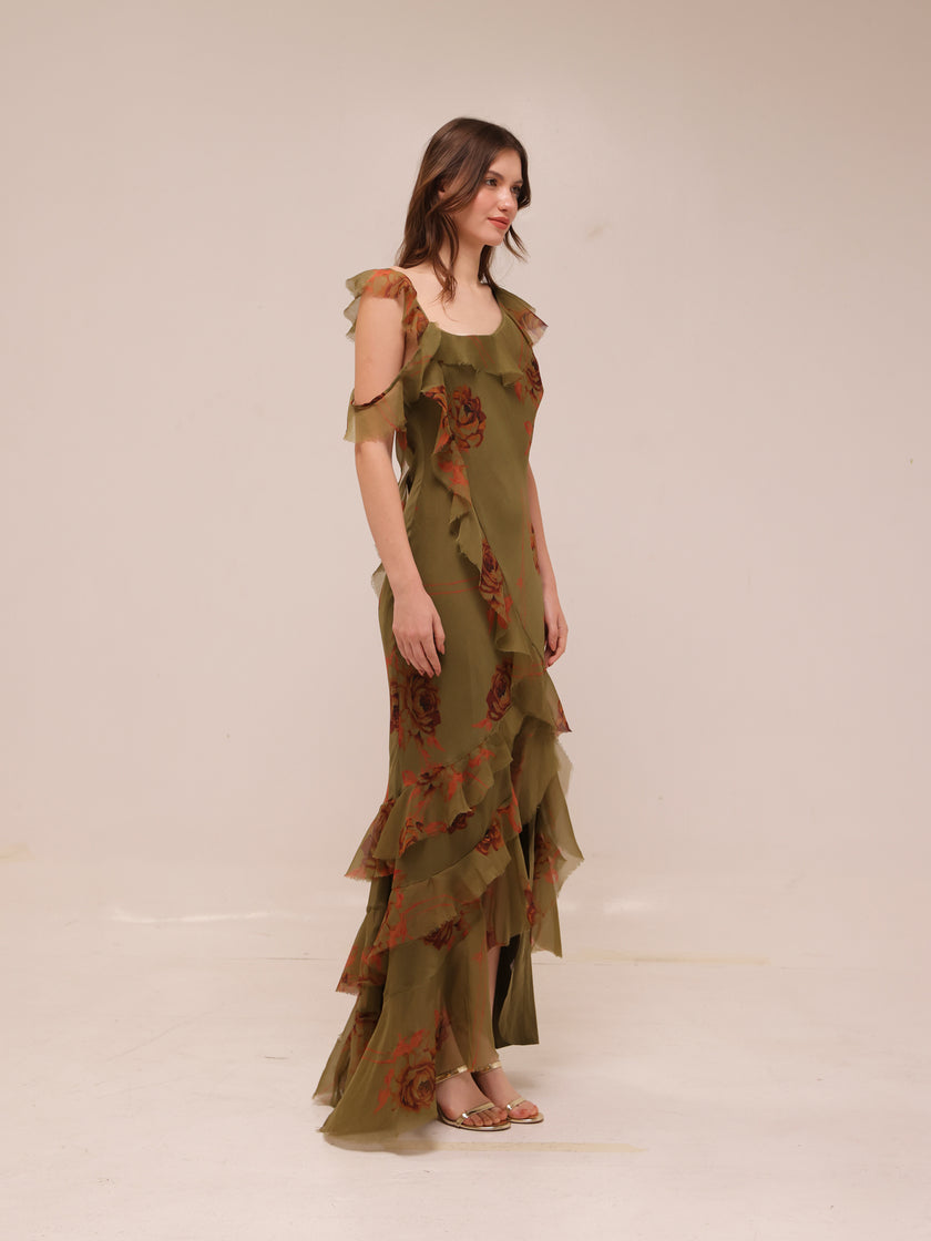 Asymmetric Shoulder Bias Cut Maxi Dress