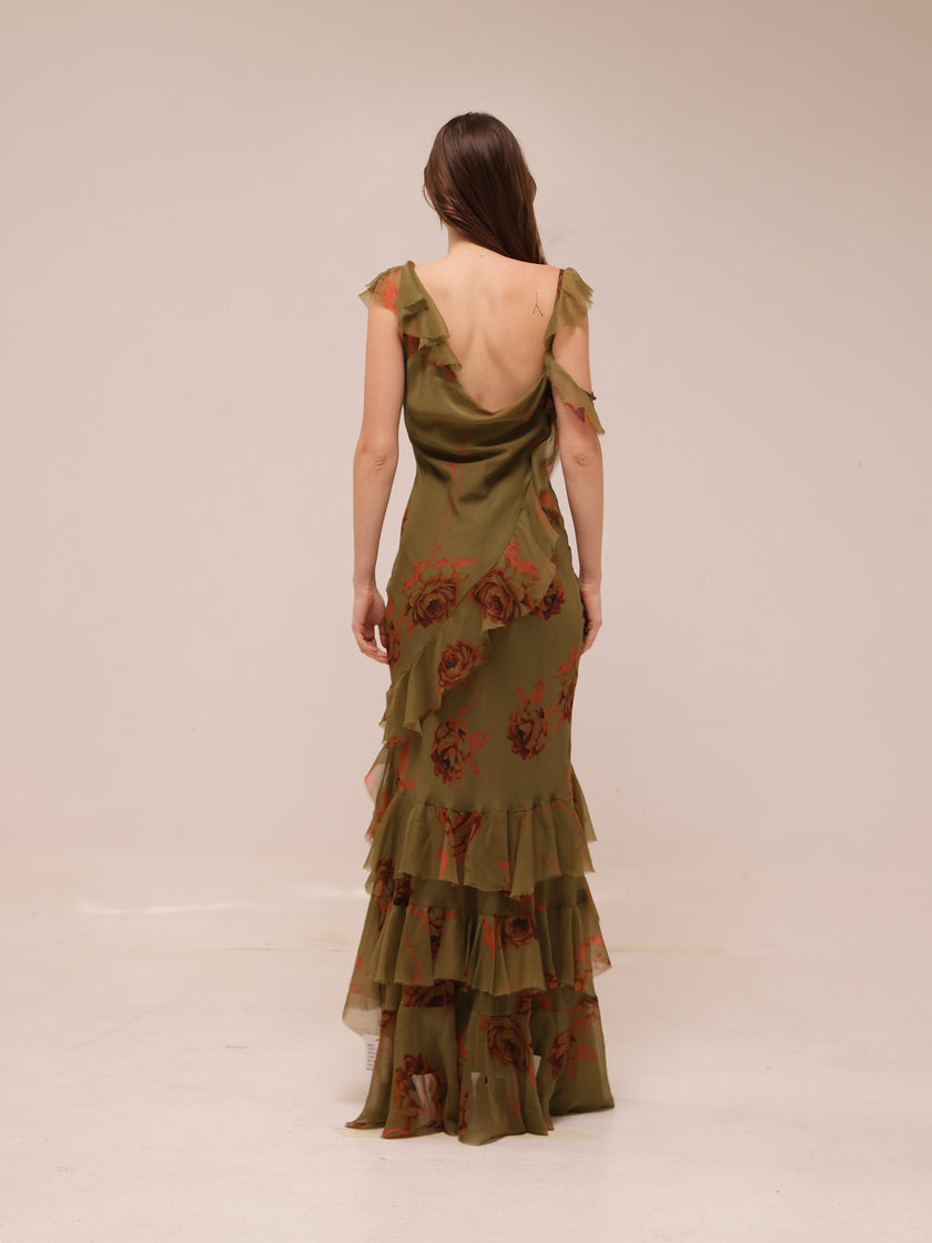 Asymmetric Shoulder Bias Cut Maxi Dress