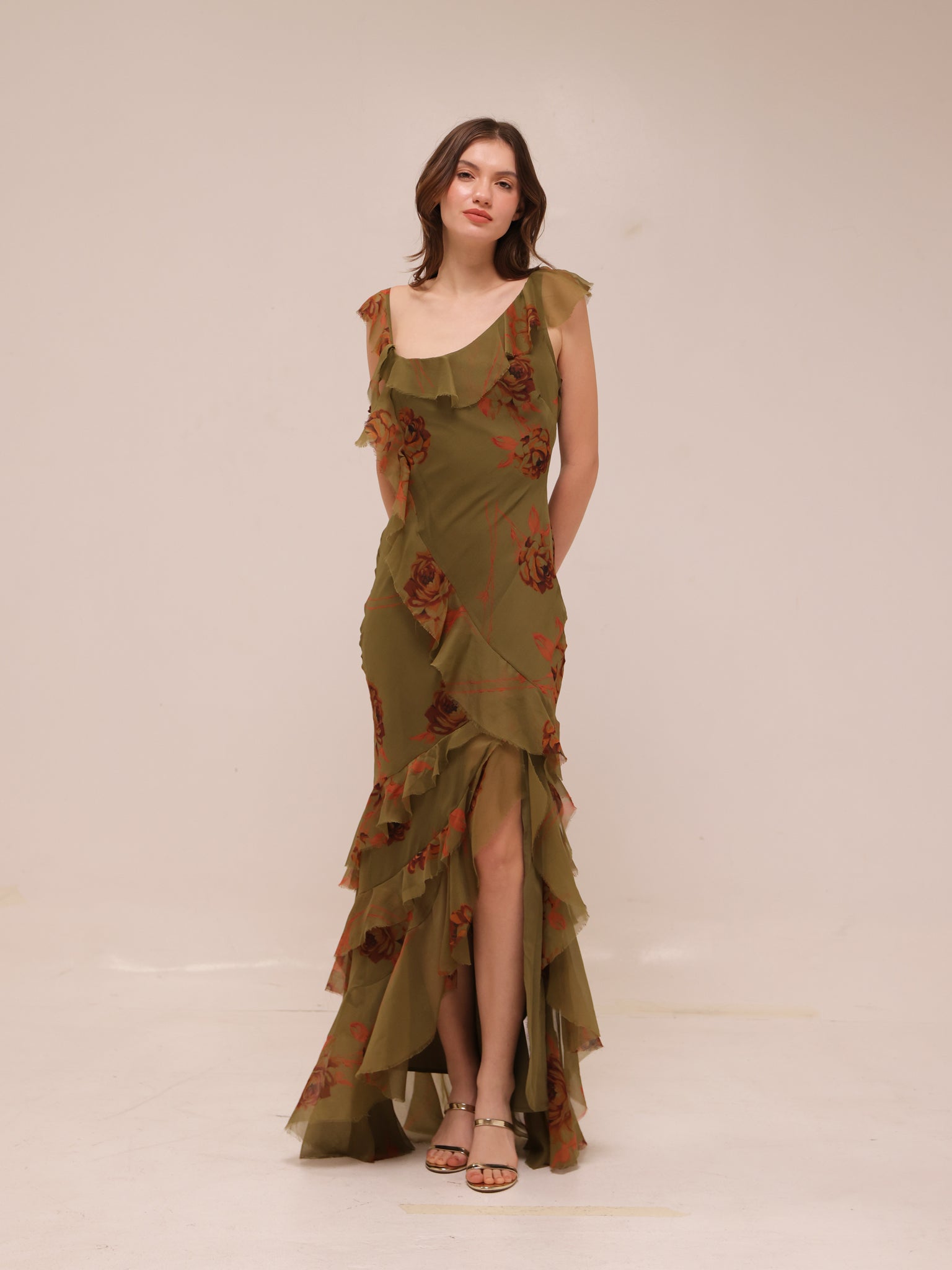 Asymmetric Shoulder Bias Cut Maxi Dress