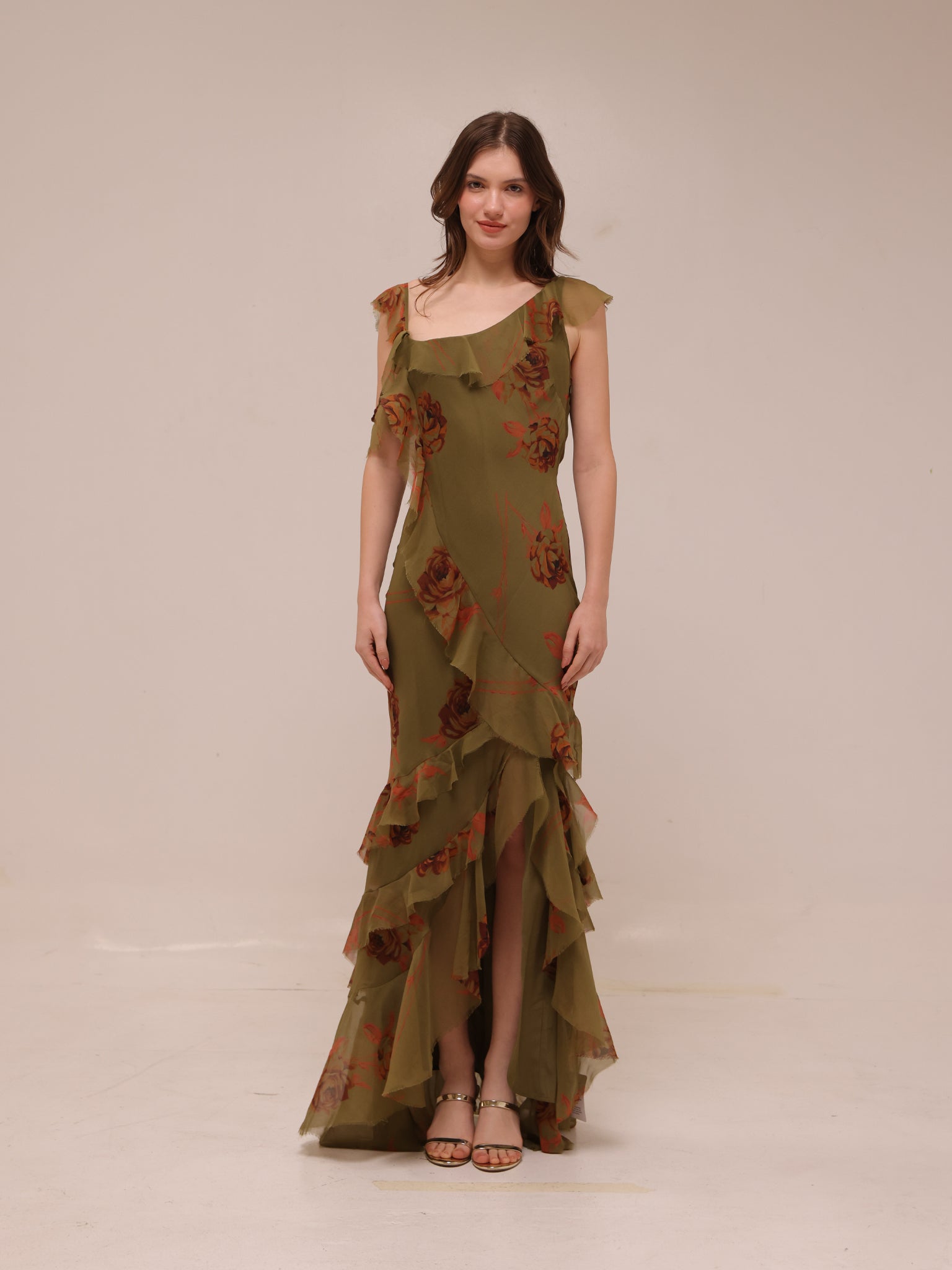 Asymmetric Shoulder Bias Cut Maxi Dress