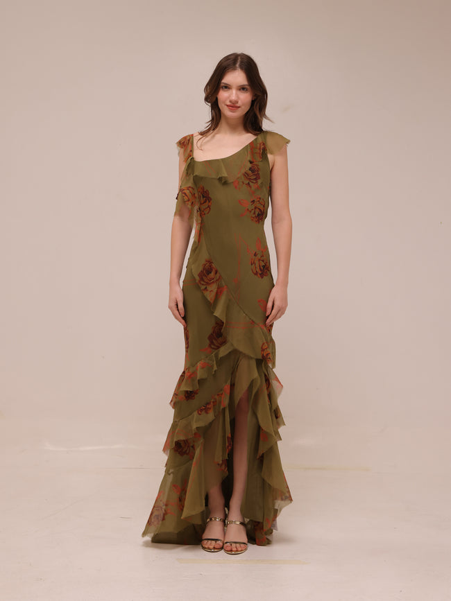 Asymmetric Shoulder Bias Cut Maxi Dress