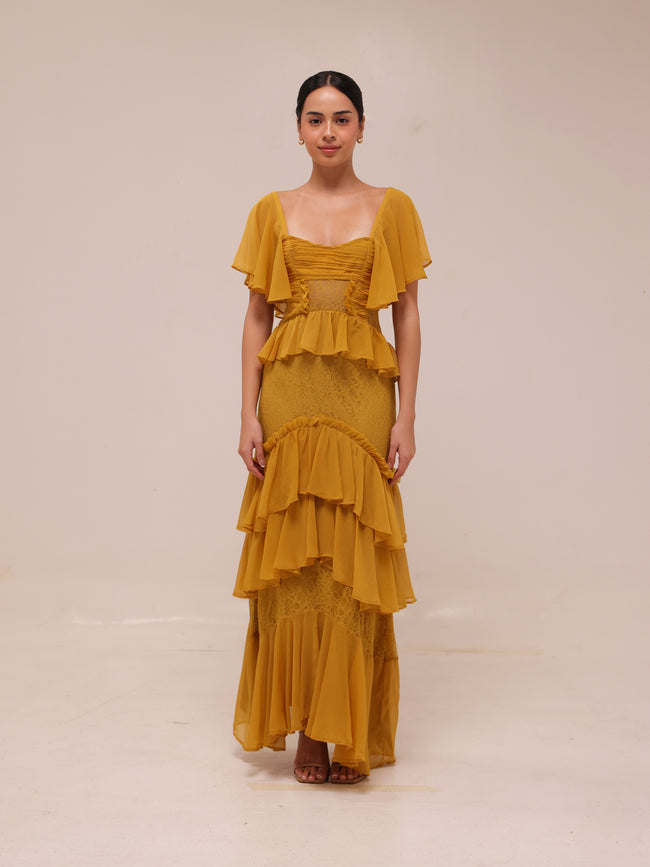 Flutter Sleeve Tiered Maxi Dress