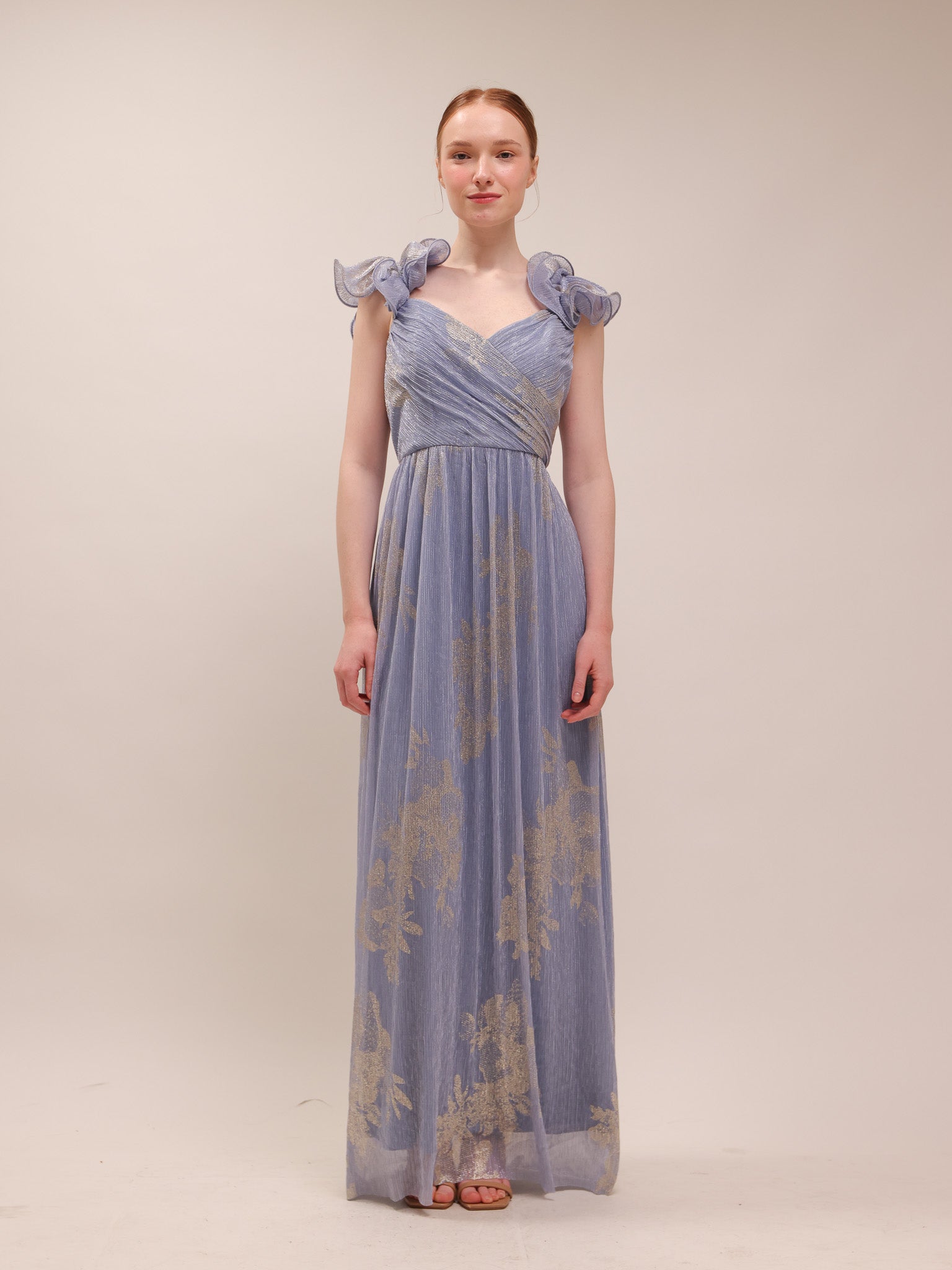 Steel Blue Metallic Flutter Gown