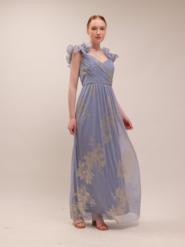 Steel Blue Metallic Flutter Gown