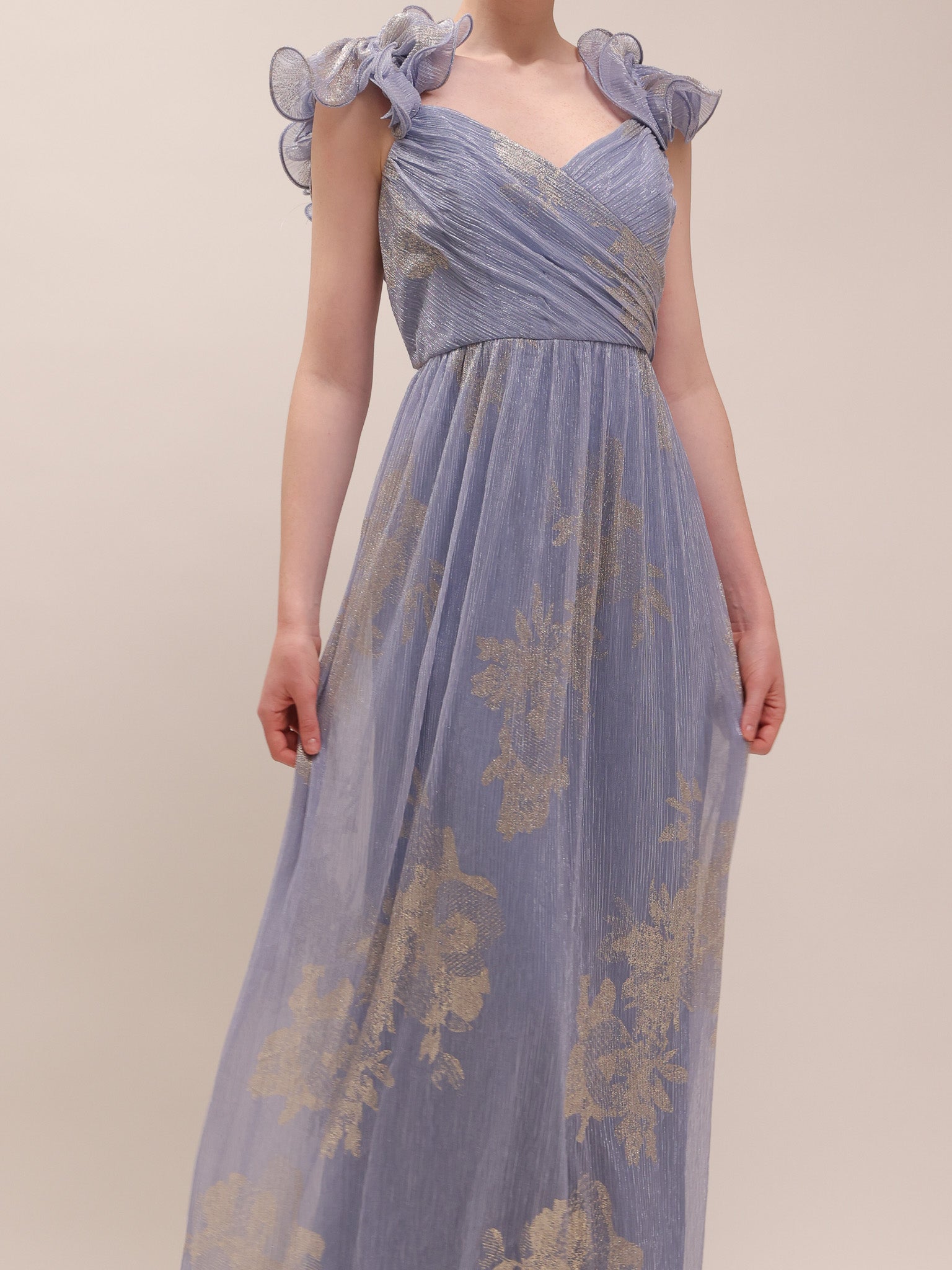 Steel Blue Metallic Flutter Gown