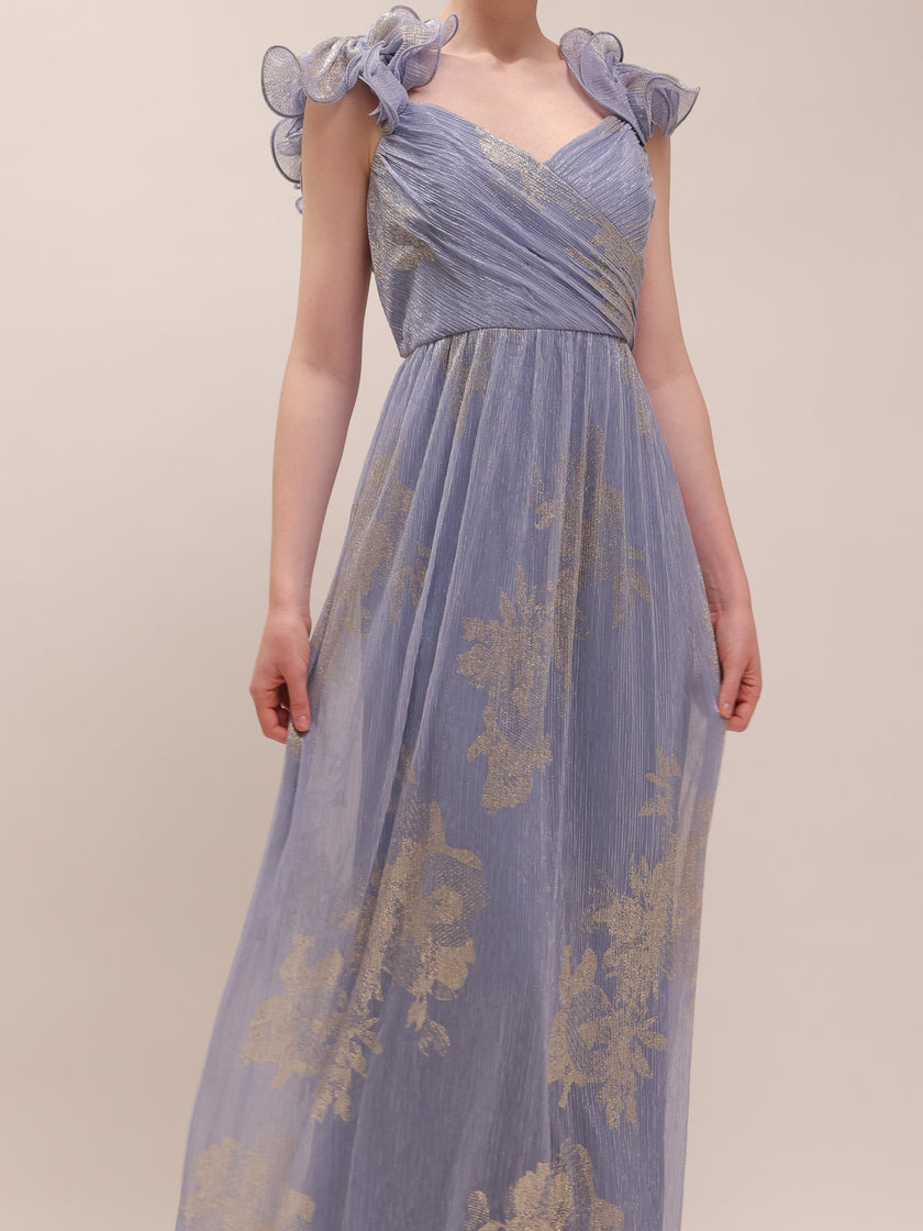 Steel Blue Metallic Flutter Gown