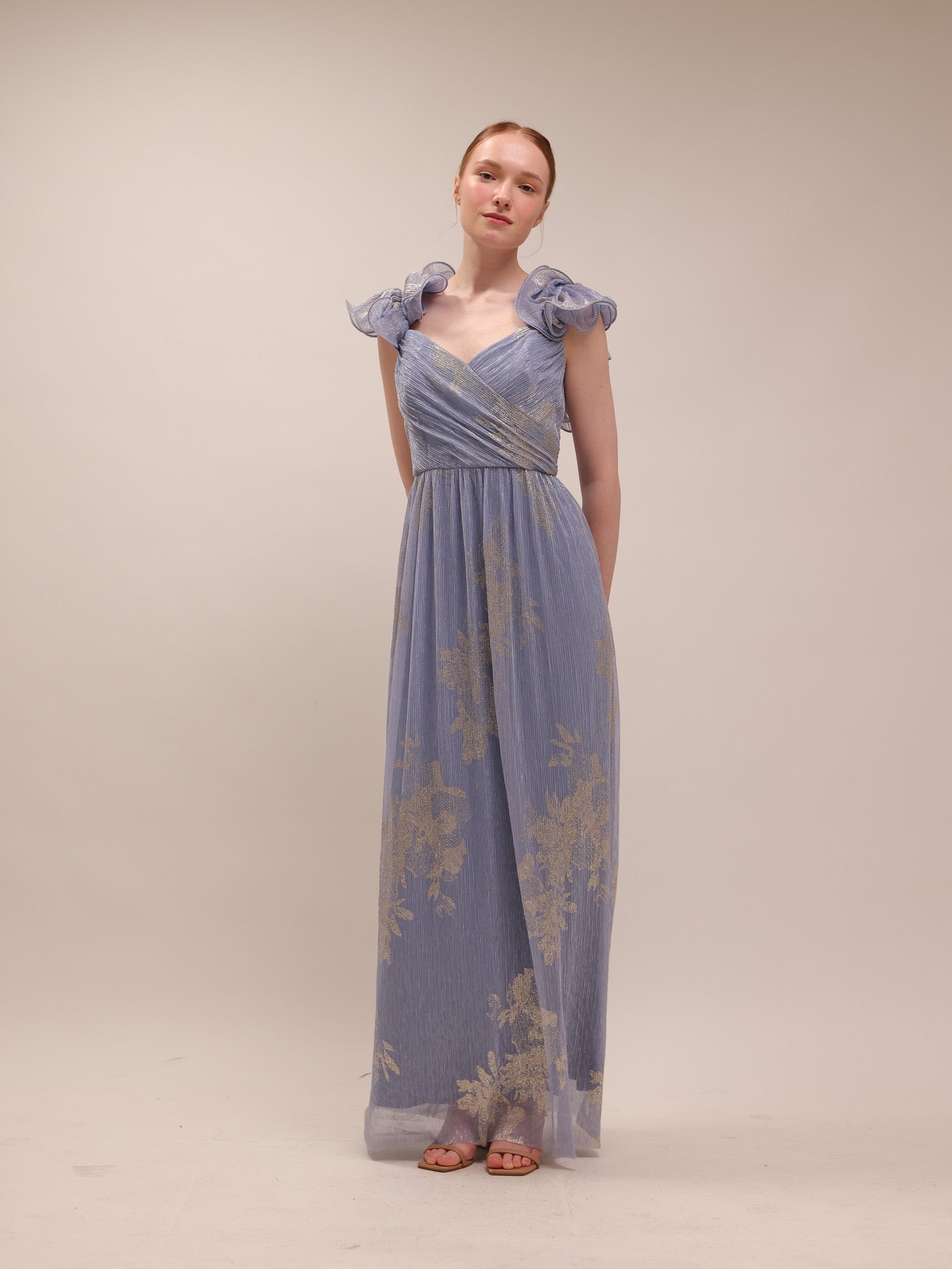 Steel Blue Metallic Flutter Gown