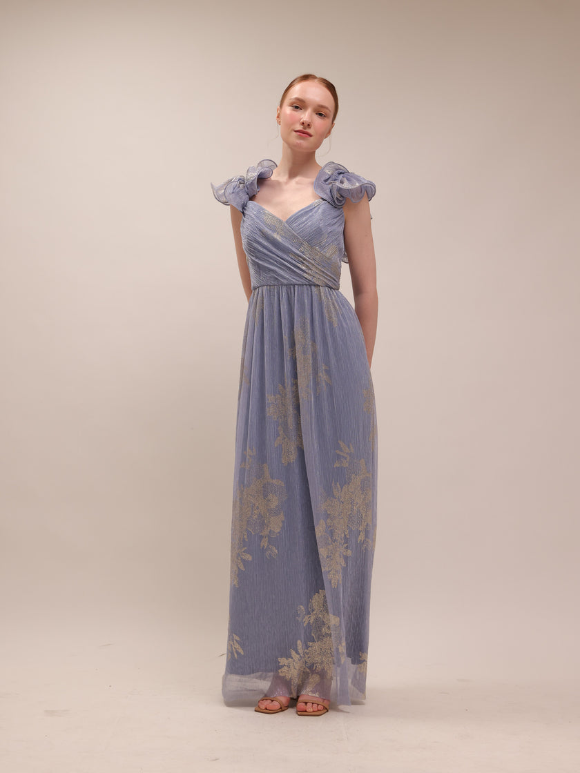Steel Blue Metallic Flutter Gown