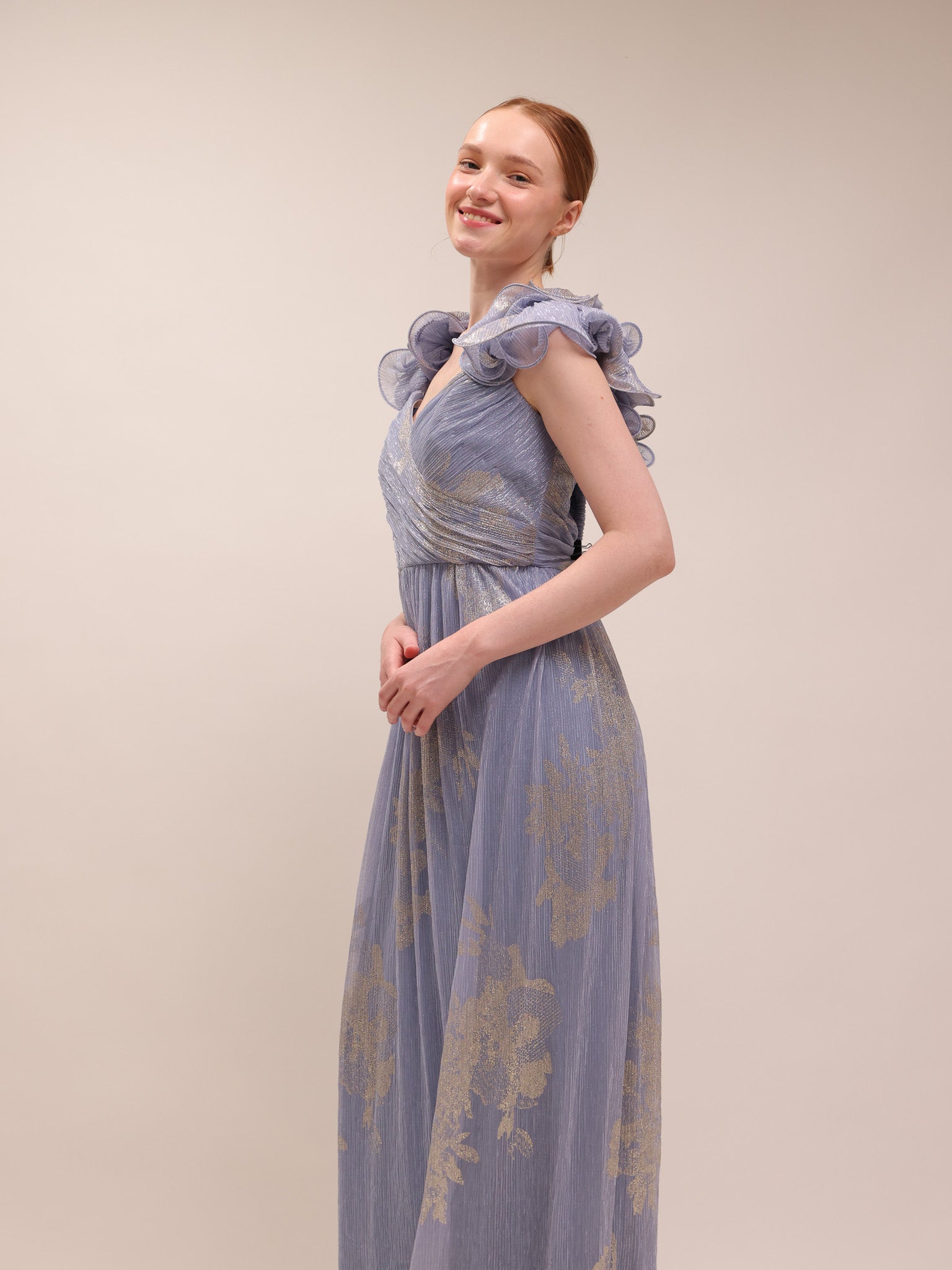 Steel Blue Metallic Flutter Gown