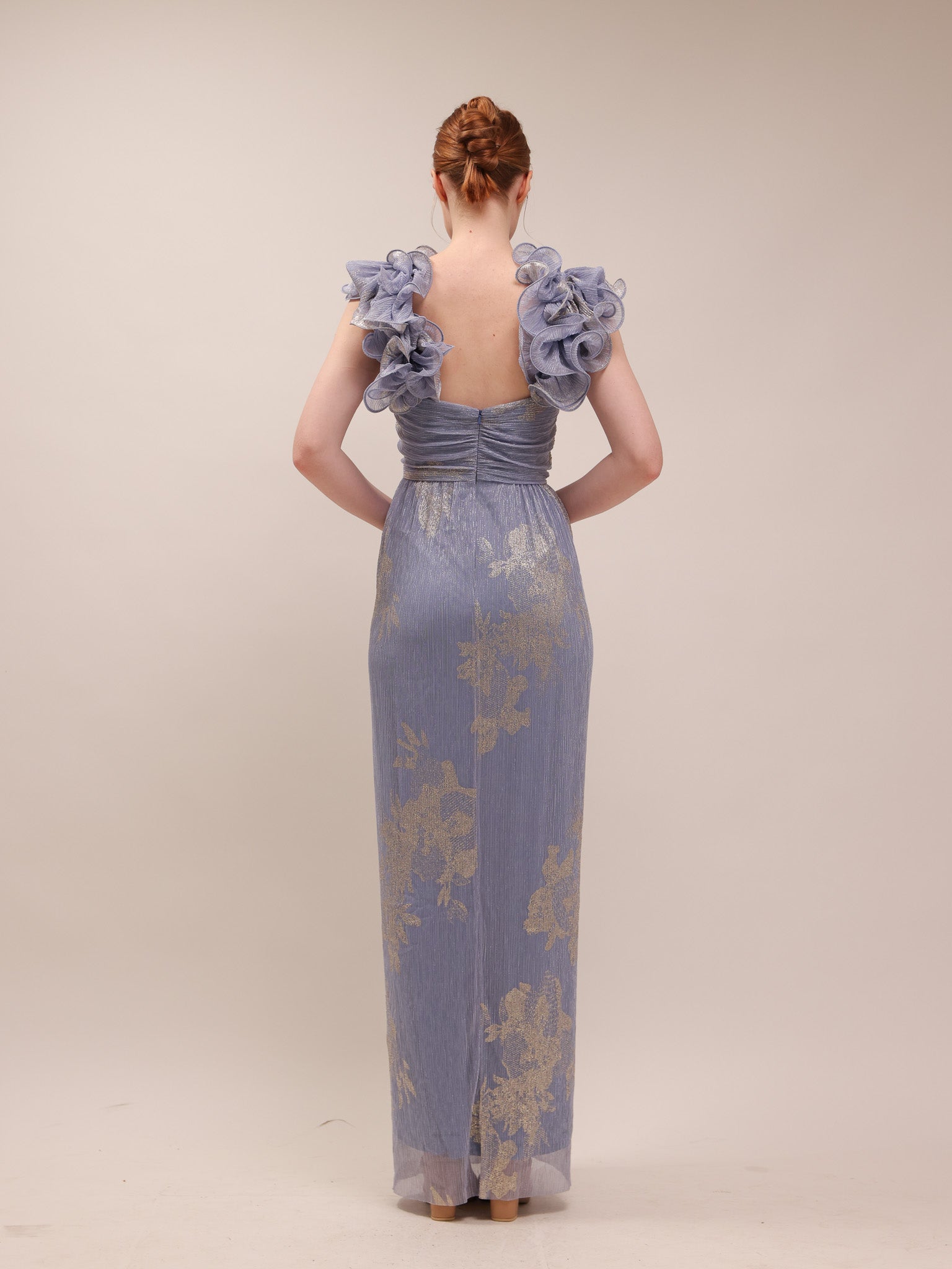 Steel Blue Metallic Flutter Gown