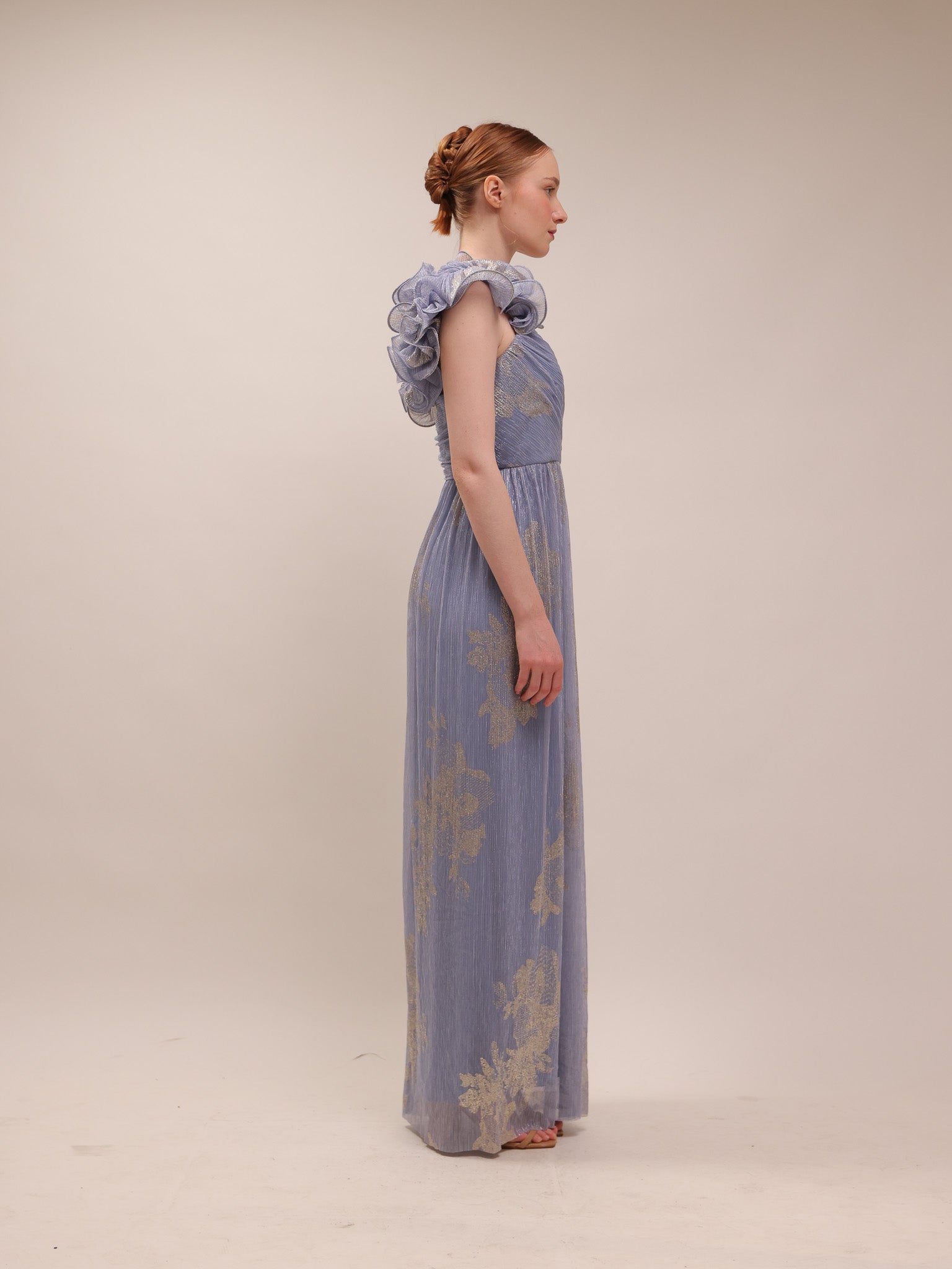 Steel Blue Metallic Flutter Gown