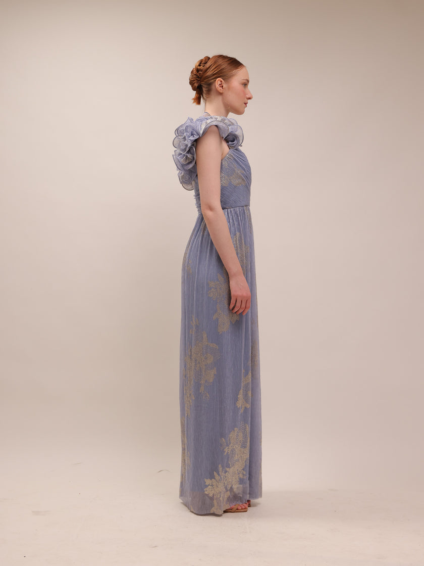 Steel Blue Metallic Flutter Gown