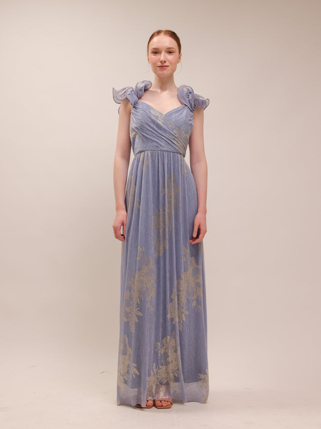Steel Blue Metallic Flutter Gown