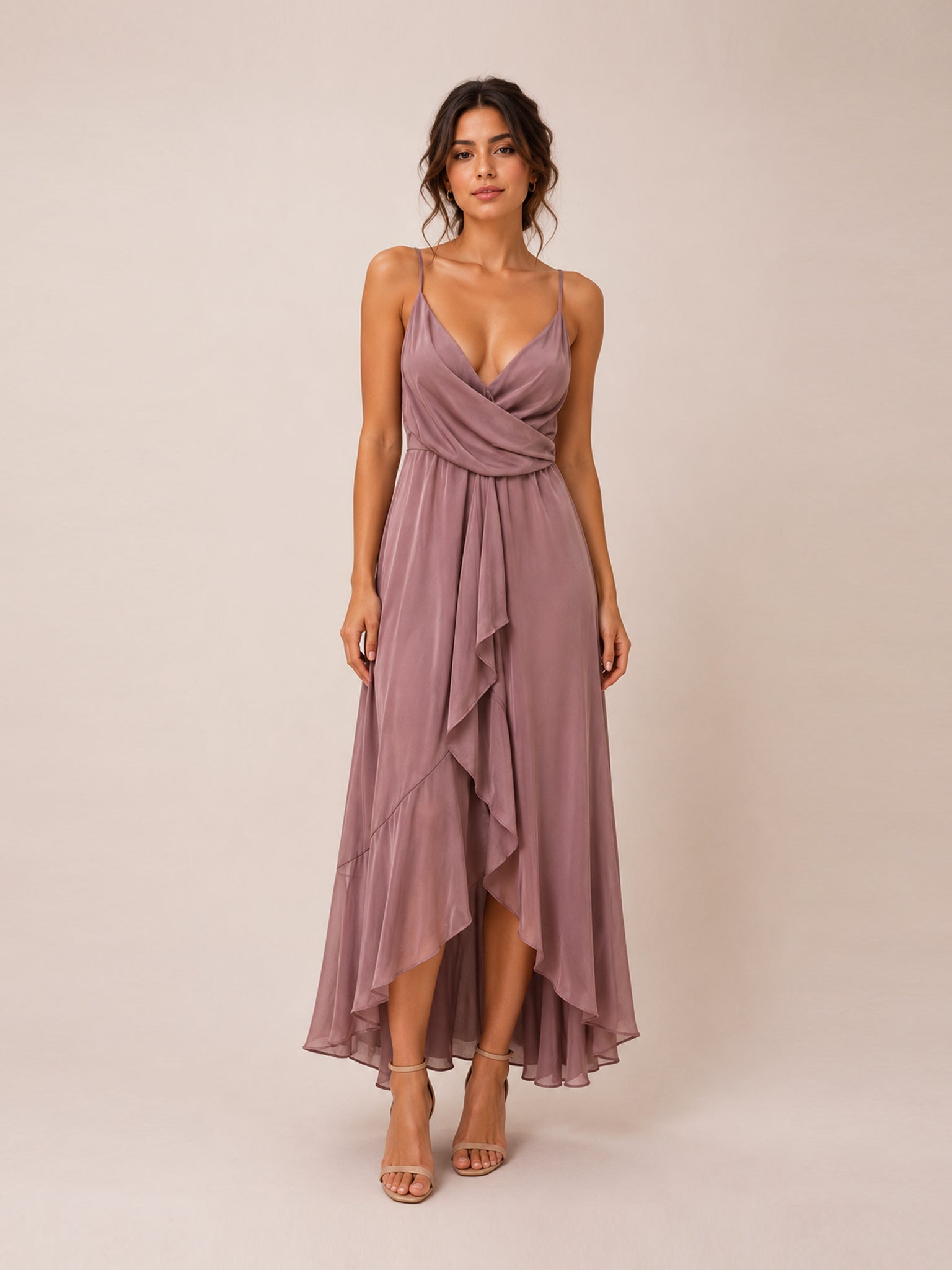 Pink Chiffon Asymmetrical Ruffle Dress